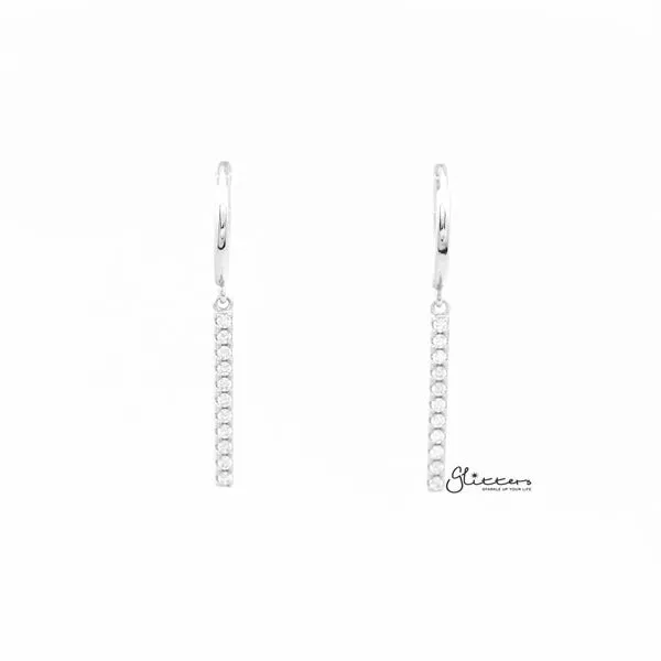 925 Sterling Silver Long Bar Drop Charm One-Touch Hoop Earrings