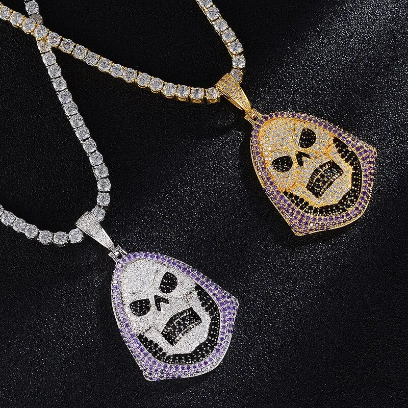 Cubic-Zirconia-Studded Skull Bling Hip-hop Pendant Necklace