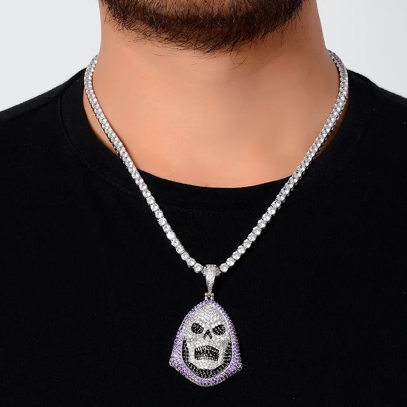 Cubic-Zirconia-Studded Skull Bling Hip-hop Pendant Necklace