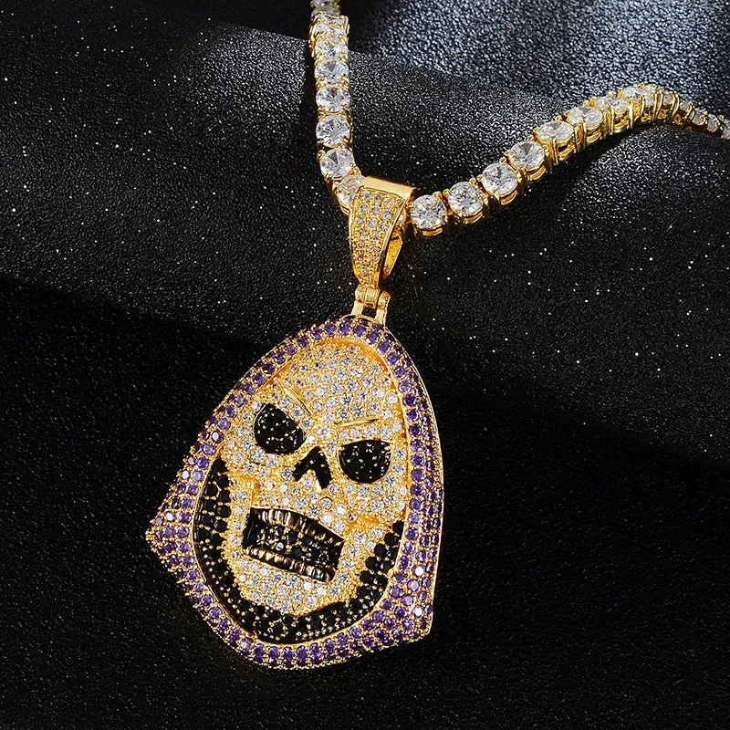 Cubic-Zirconia-Studded Skull Bling Hip-hop Pendant Necklace