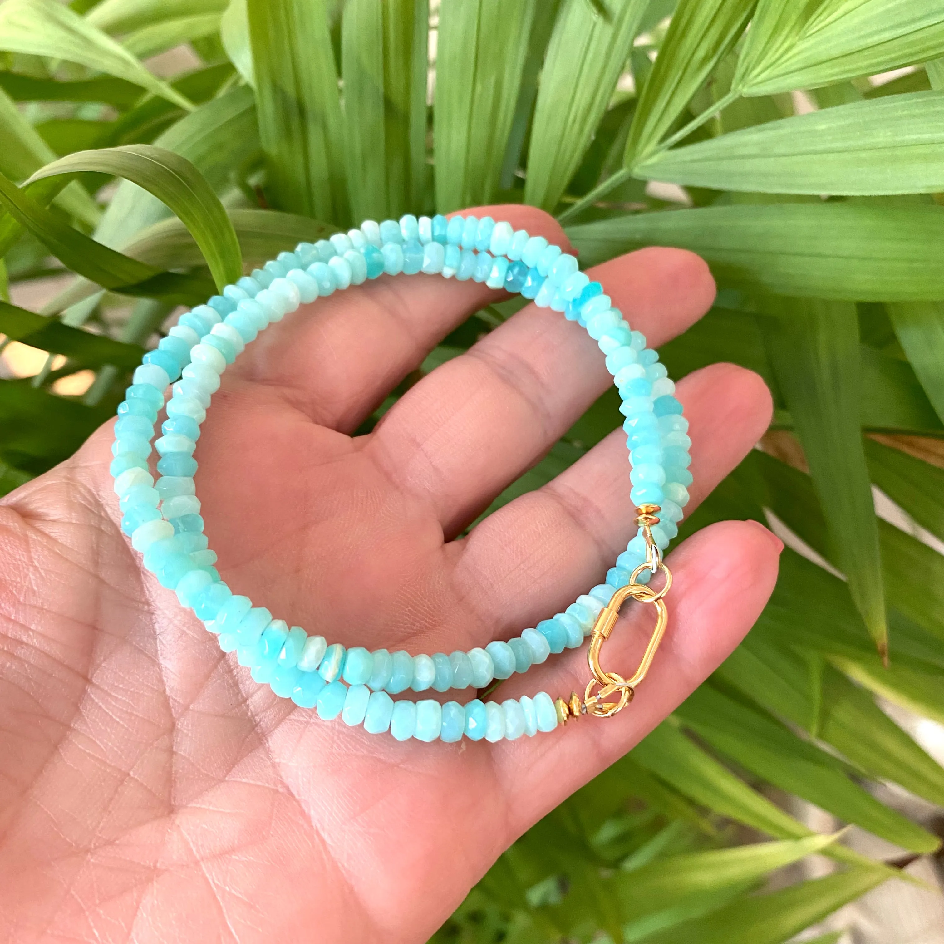 Sky Blue Peruvian Opal Choker Necklace, Gold Vermeil Plated Silver Carabiner Closure and Details, 16in
