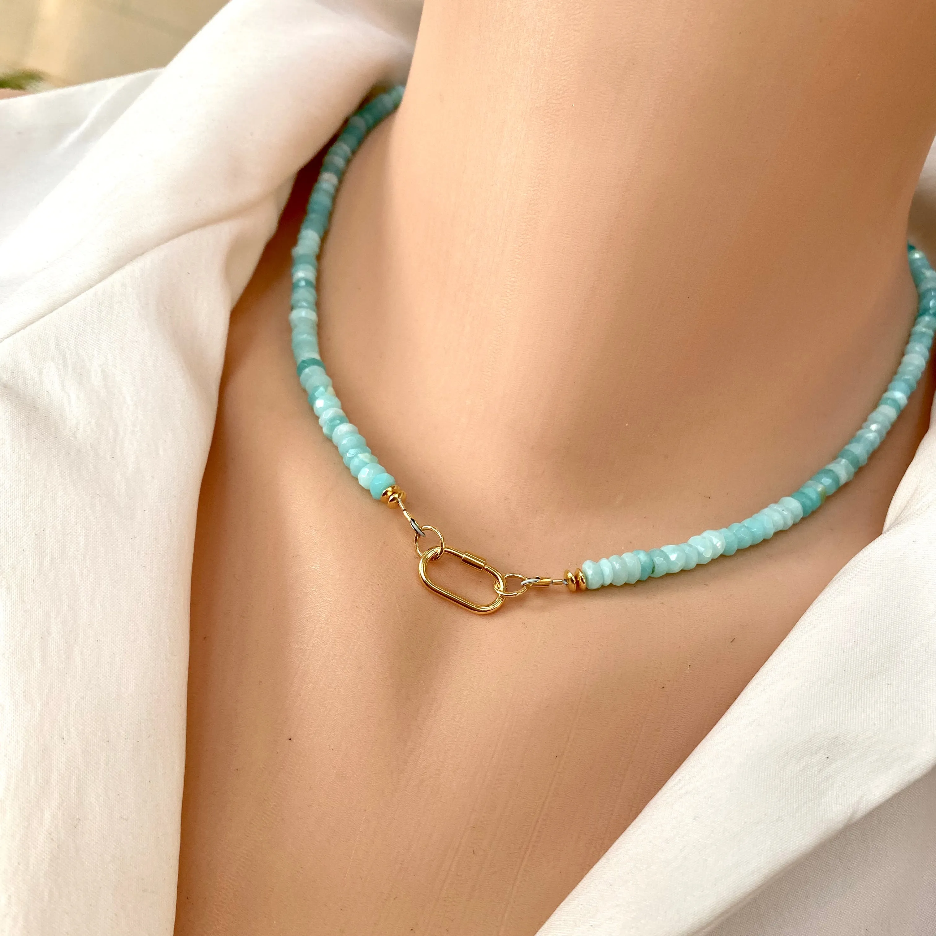 Sky Blue Peruvian Opal Choker Necklace, Gold Vermeil Plated Silver Carabiner Closure and Details, 16in