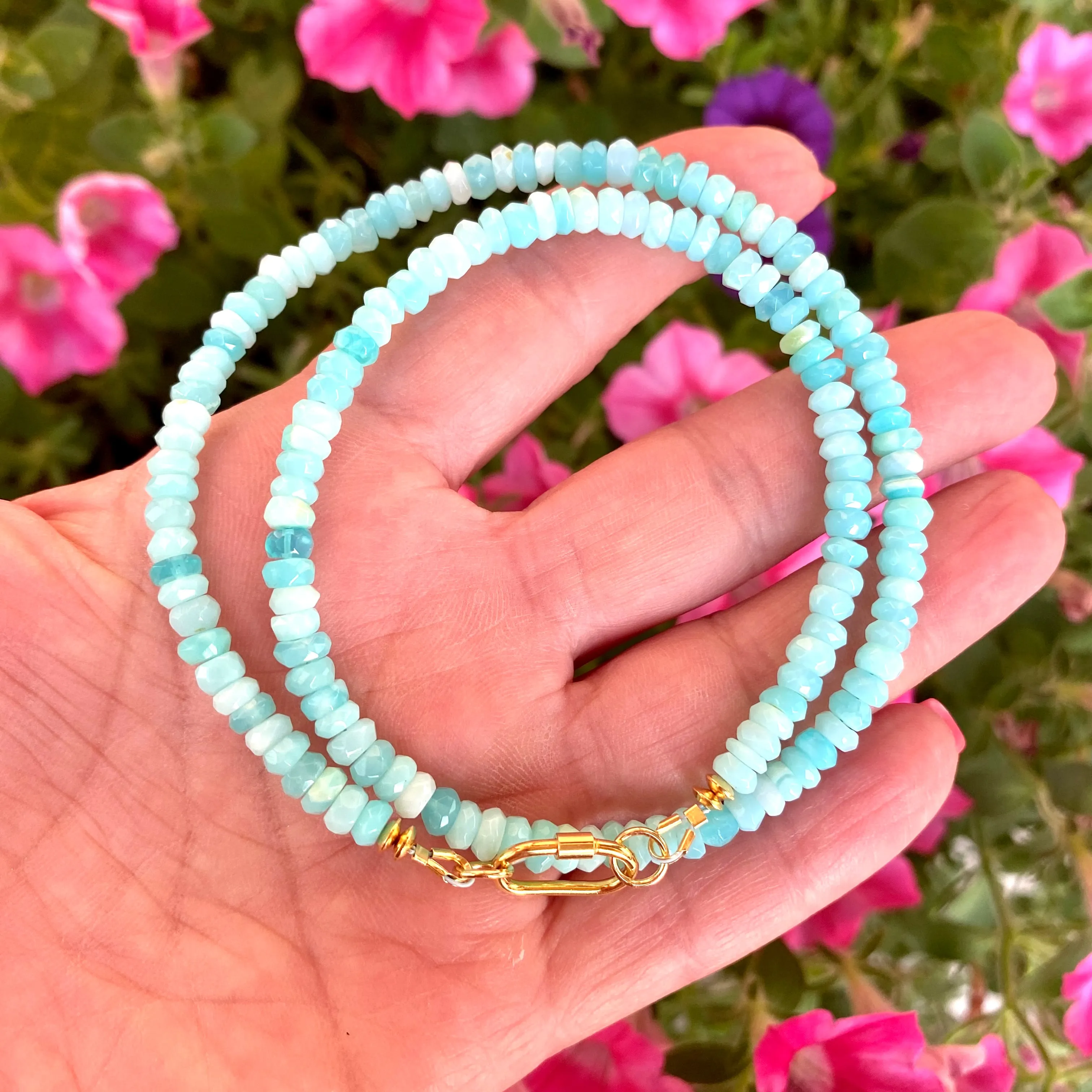 Sky Blue Peruvian Opal Choker Necklace, Gold Vermeil Plated Silver Carabiner Closure and Details, 16in