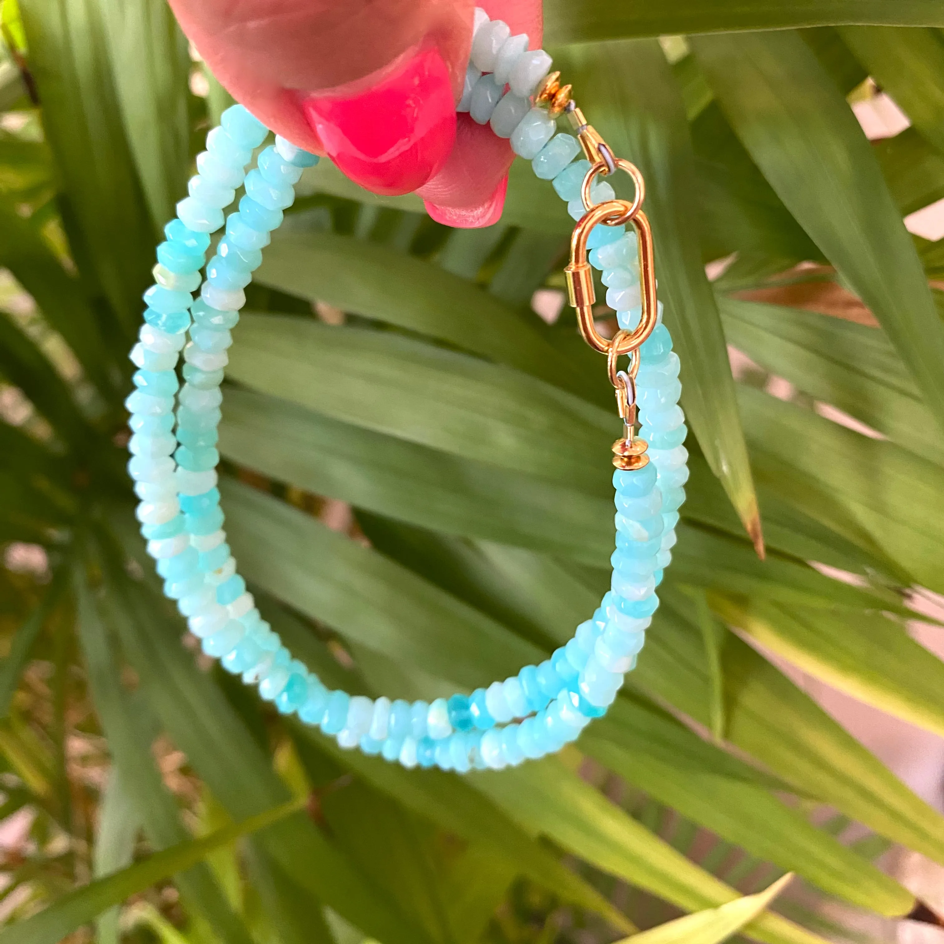 Sky Blue Peruvian Opal Choker Necklace, Gold Vermeil Plated Silver Carabiner Closure and Details, 16in