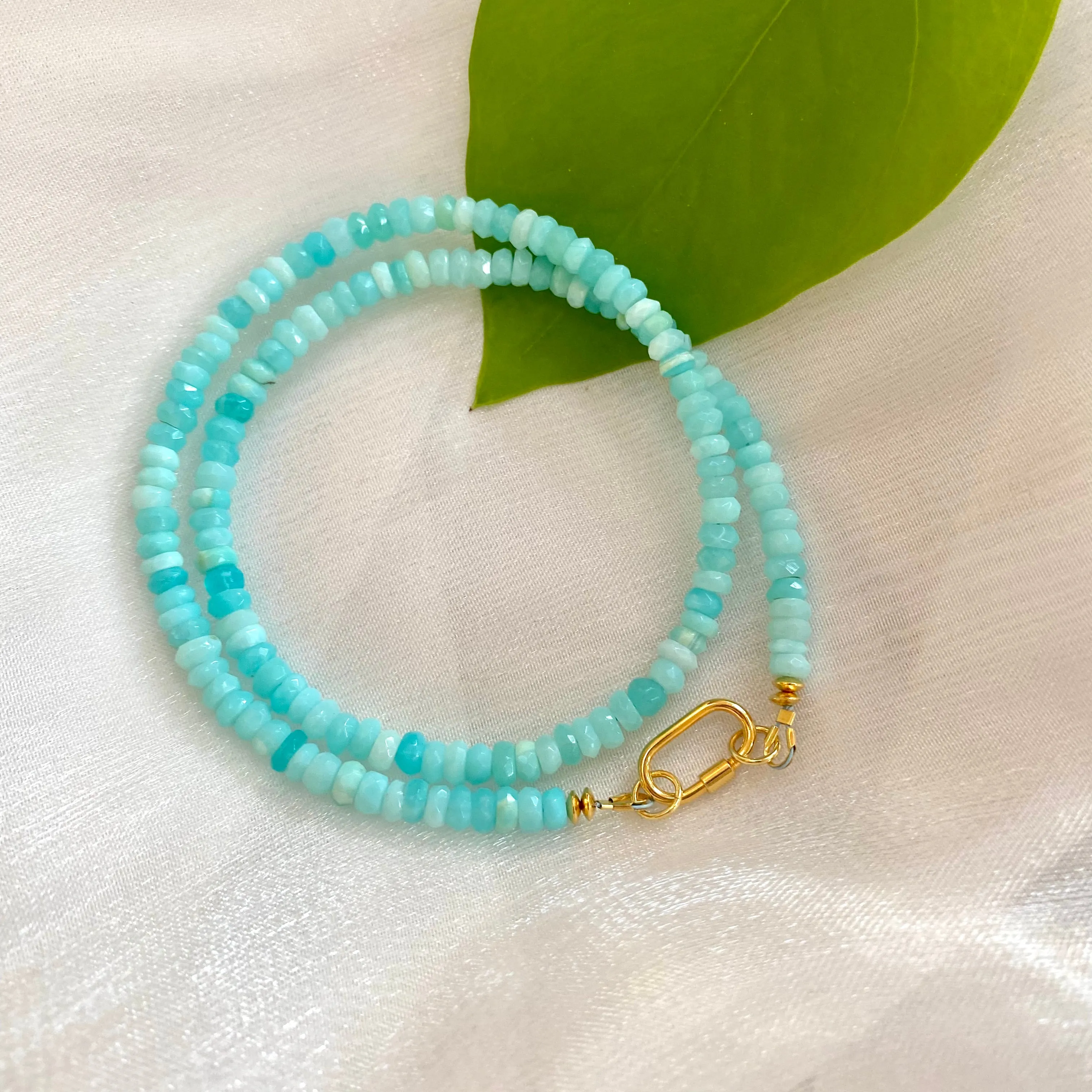 Sky Blue Peruvian Opal Choker Necklace, Gold Vermeil Plated Silver Carabiner Closure and Details, 16in